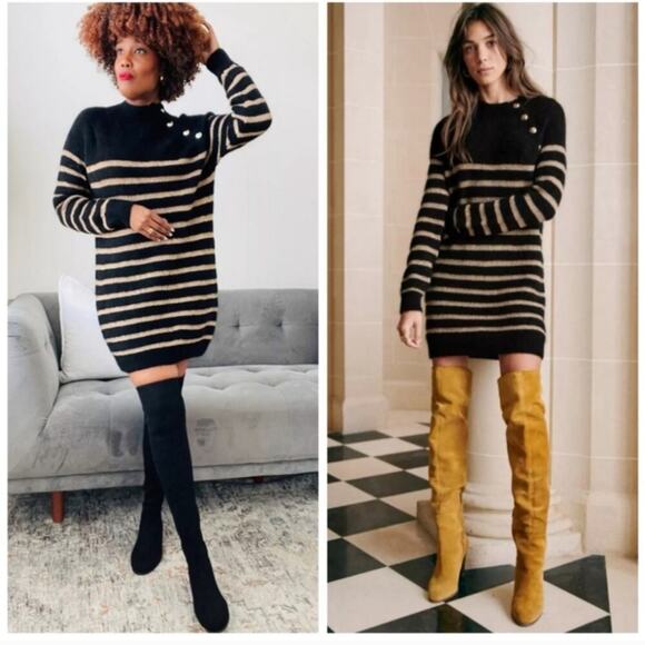 Sezane Sweater Dress Tessa Mini in Gold Black Striped - Picture 4 of 9